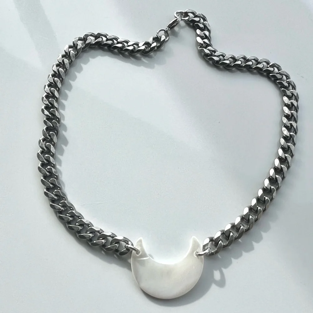 Mother of pearl moon stainless steel cuban link thick choker necklace boho - Picture 9 of 16